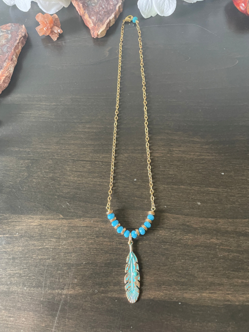 Turquoise & Gold Feather Necklace